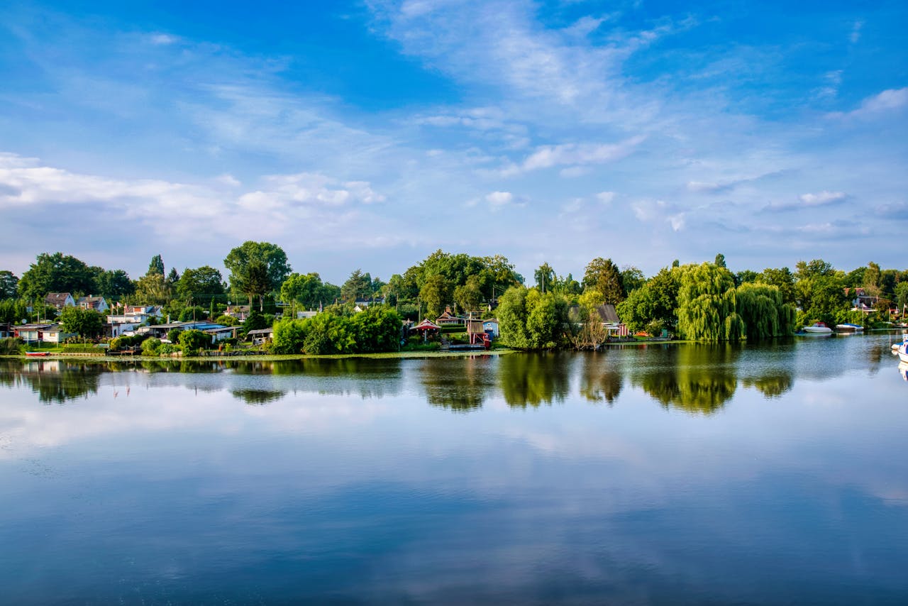 The Art of Drawing Readers In: Your attractive post title goes here Tranquil lakeside scene with blue sky and lush greenery reflected in calm water.